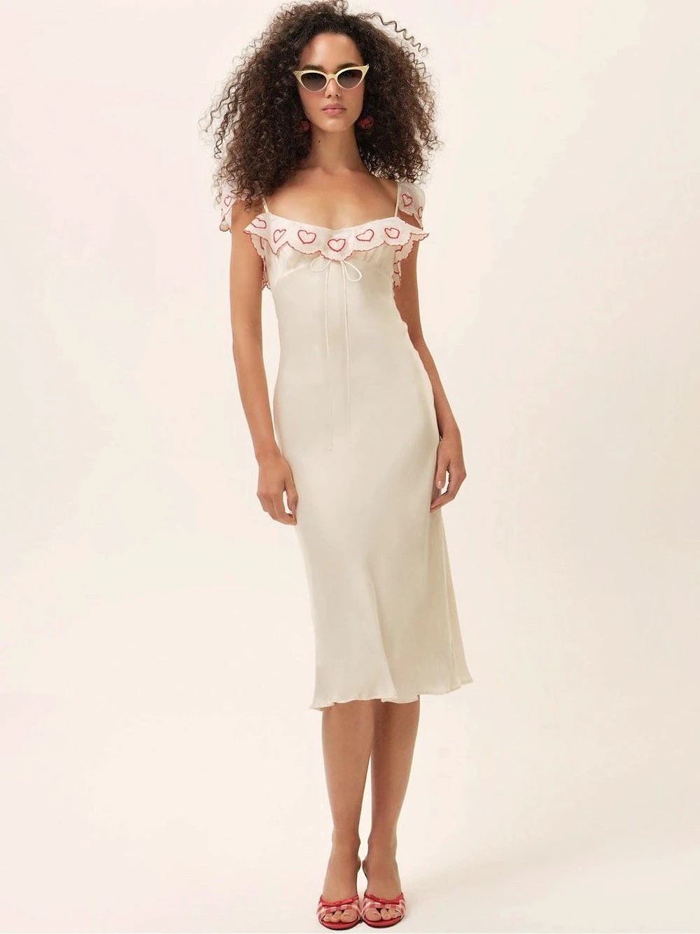 $389 NWT For Love & Lemons Amor Midi Slip Dress in Cream & Red Sz Large - Picture 1 of 15